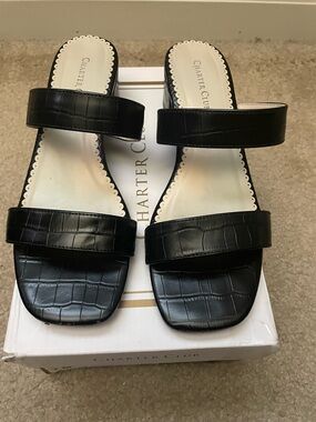 Charter Club Black Croc-Embossed Double Strap Slide Mules